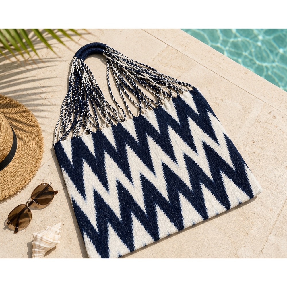 Boho Coastal Ikat Woven Tote Bag Navy White Beach Resort Cottagecore Market Bag